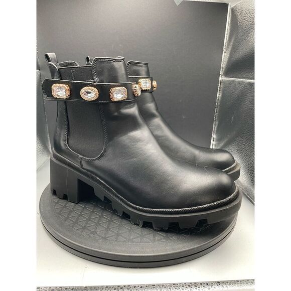 Chelsea Boots Black with Block Heel & Bedazzled Gem Cuff Size 9 Chunky Blingy - Picture 13 of 13